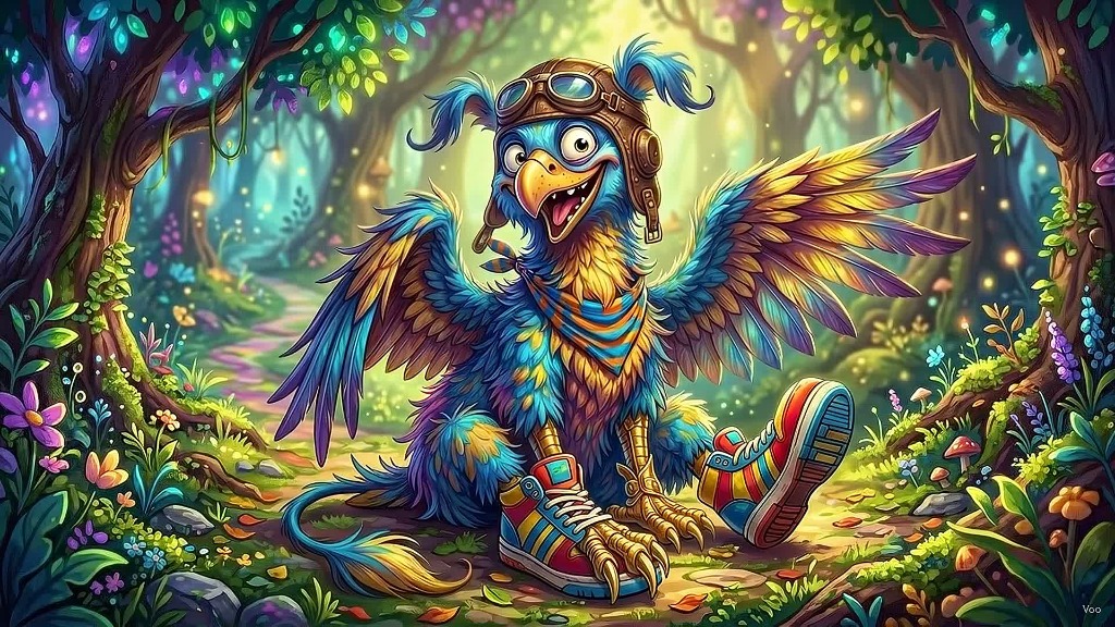 A Turf companion beast — a wide-eyed griffon wearing an aviator cap and running sneakers, wings spread in an enchanted forest